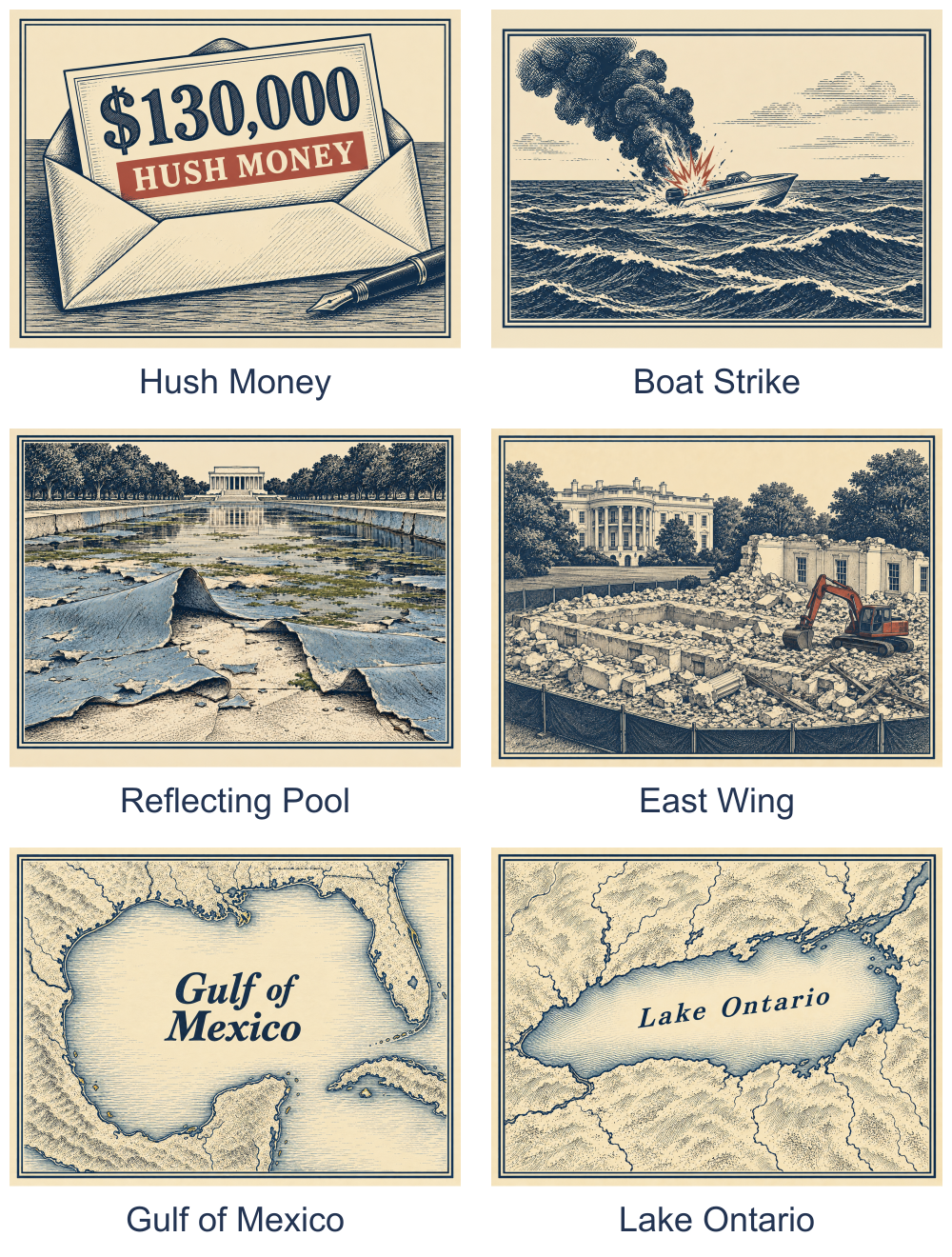 Six other MALTA back designs: Hush Money, Boat Strike, Reflecting Pool, East Wing, Gulf of Mexico, and Lake Ontario.