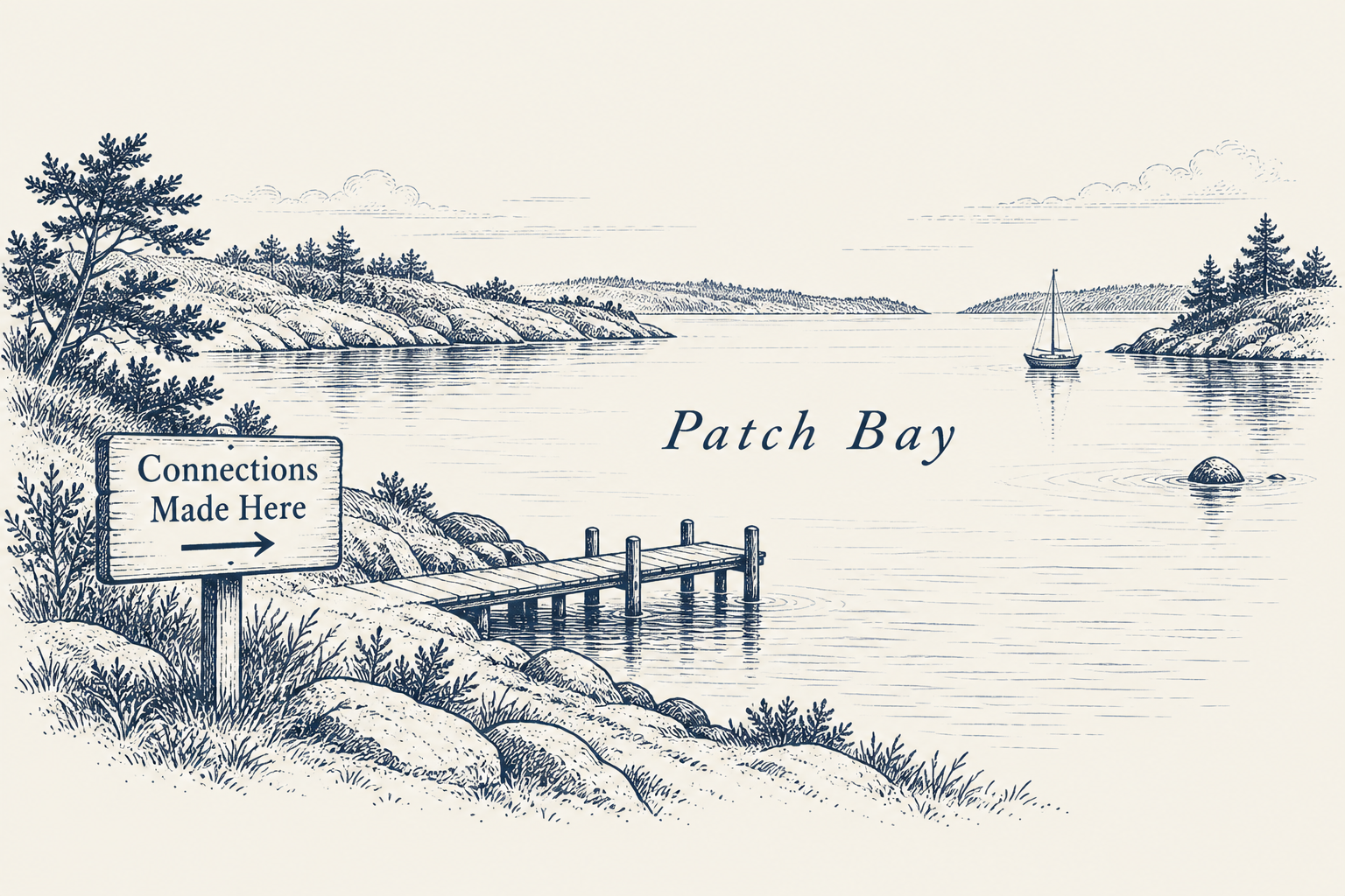 An imaginary inlet labeled Patch Bay, with a shoreline sign reading “Connections Made Here” and an arrow toward the bay.