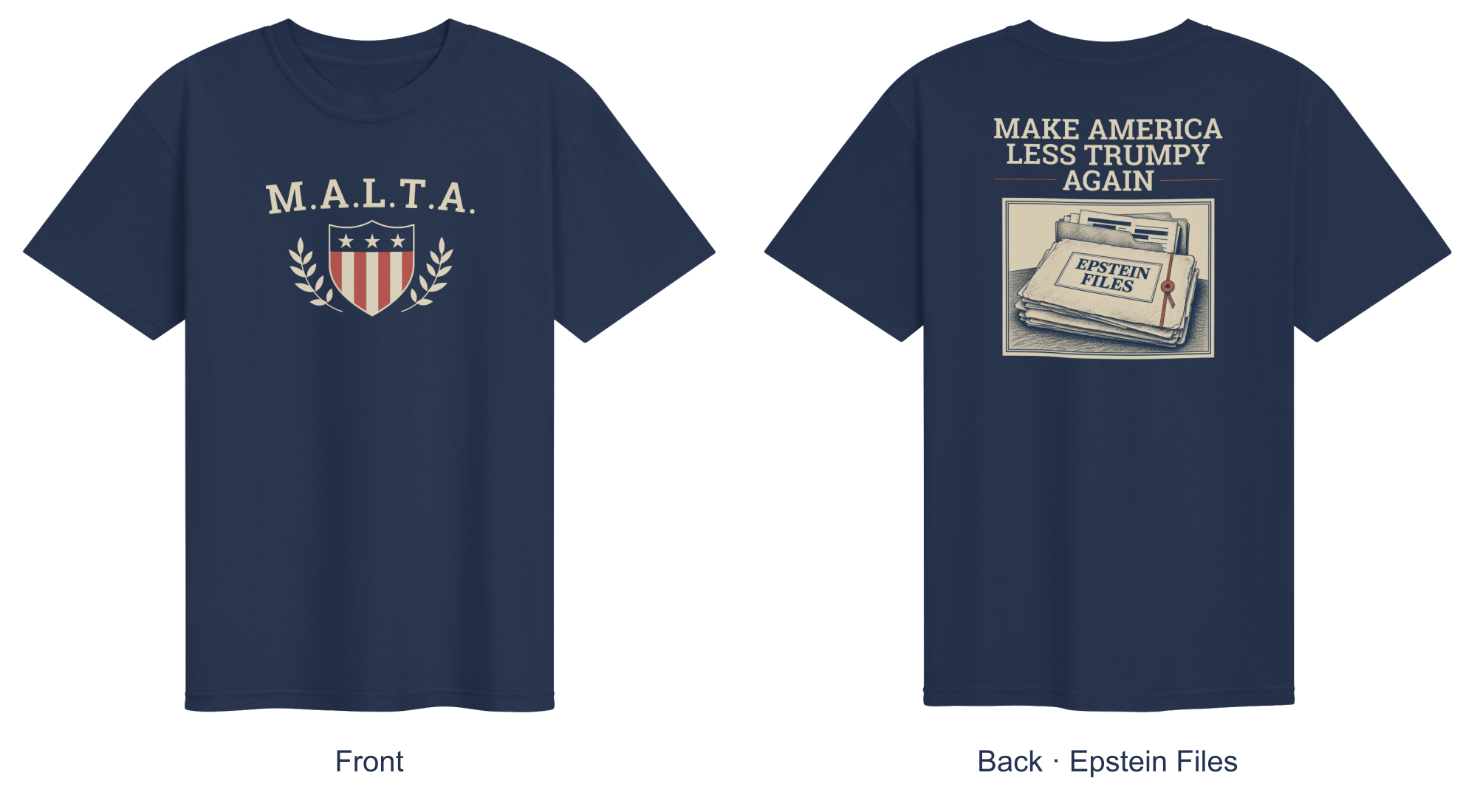 Navy MALTA T-shirt front with shield and laurel design, beside the Epstein Files back.