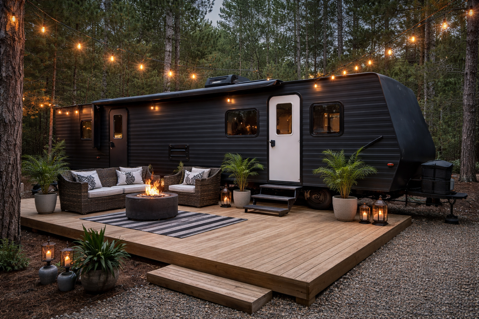 Black travel trailer with a porch, string lights, potted plants, and outdoor seating with a fire pit, set in a forest at dusk.