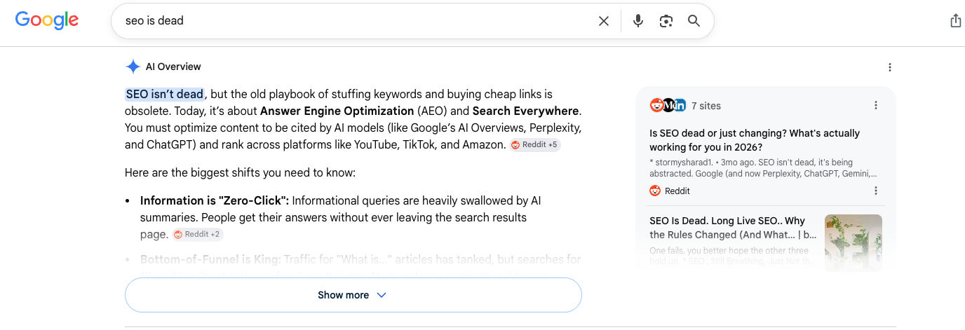 An Ai Overview screenshot saying that SEO isn't dead