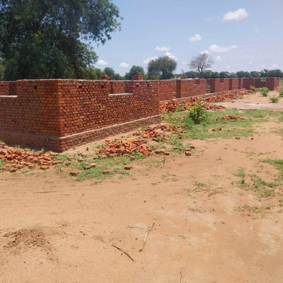 A brick wall under construction in a rural area with scattered bricks on the ground and some greenery around.