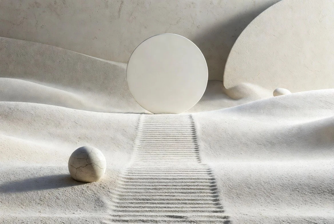 Minimalist white landscape with textured sand, a staircase, a large white circular object at the top of the stairs, and a cracked marble sphere on the ground.