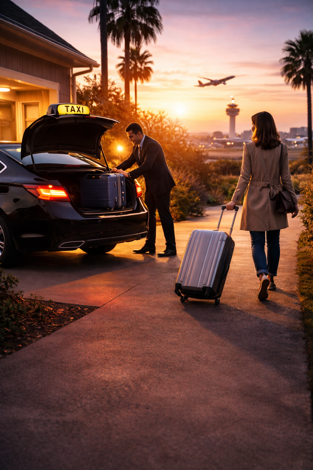 Taxi loading luggage early in the morning heading to the airport