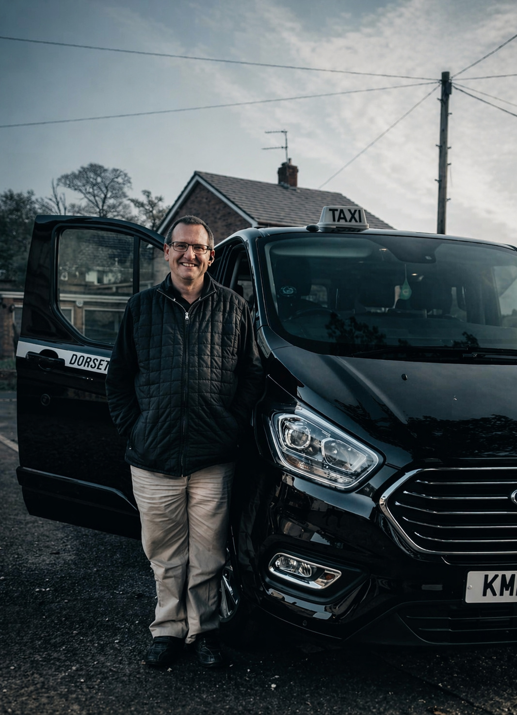 A smiling man wearing glasses, a black quilted jacket, and beige pants standing next to a black taxi cab with a 'TAXI' sign on the roof, in a residential neighborhood with a house and power lines in the background.