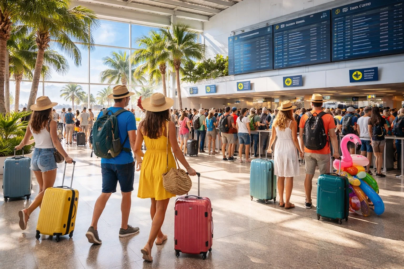People waiting in line at an airport terminal, with palm trees visible outside through large windows, and luggage on wheels.