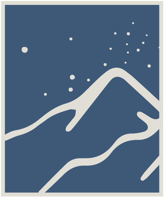 Simplified graphic illustration of snowy mountain peaks against a dark blue sky with falling snowflakes.