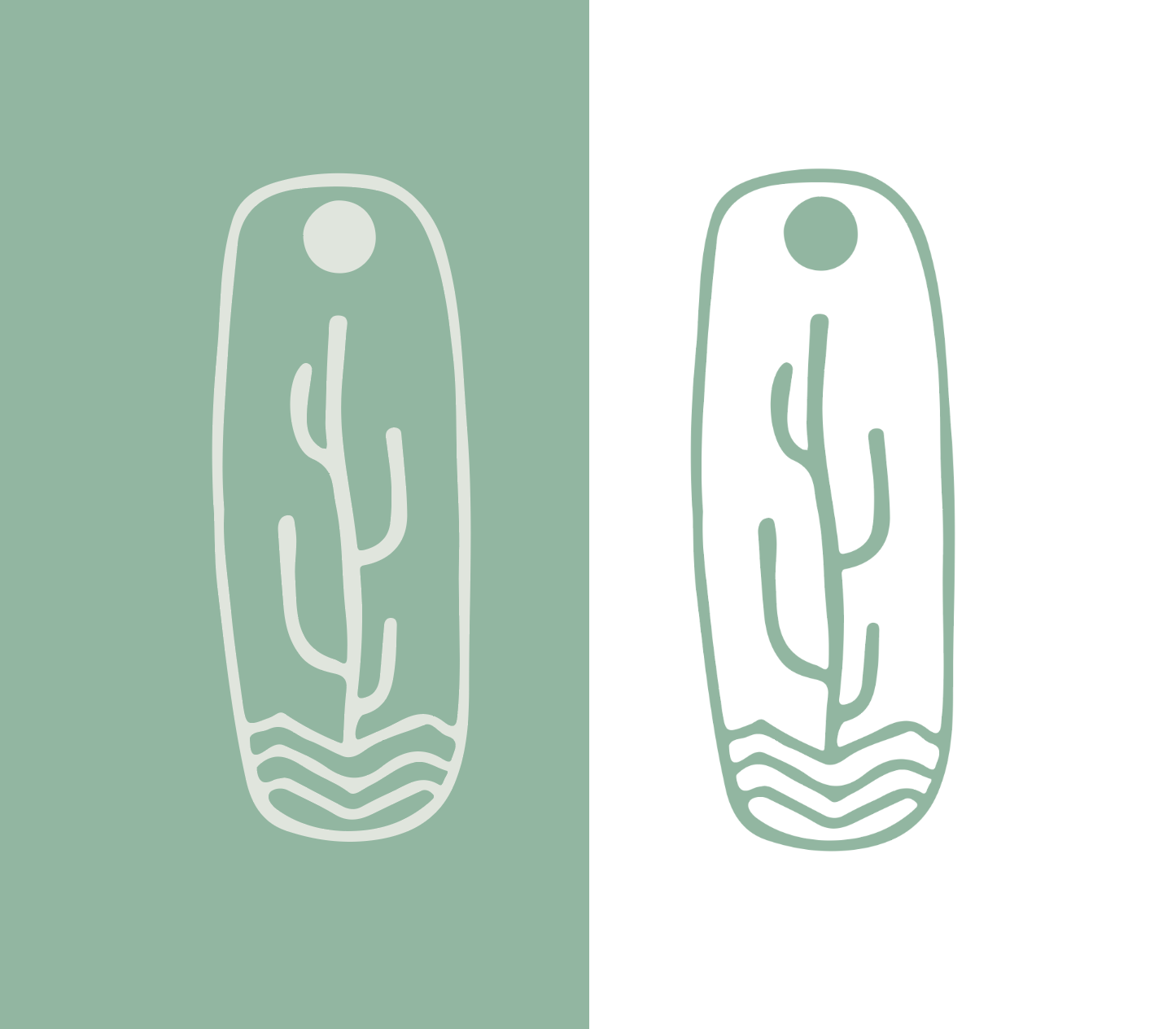 Line drawing of a woman in a swimsuit on a split background, with green on the left and white on the right.