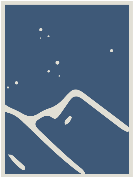 A stylized, minimalist illustration of a mountain with snow caps and a starry night sky.