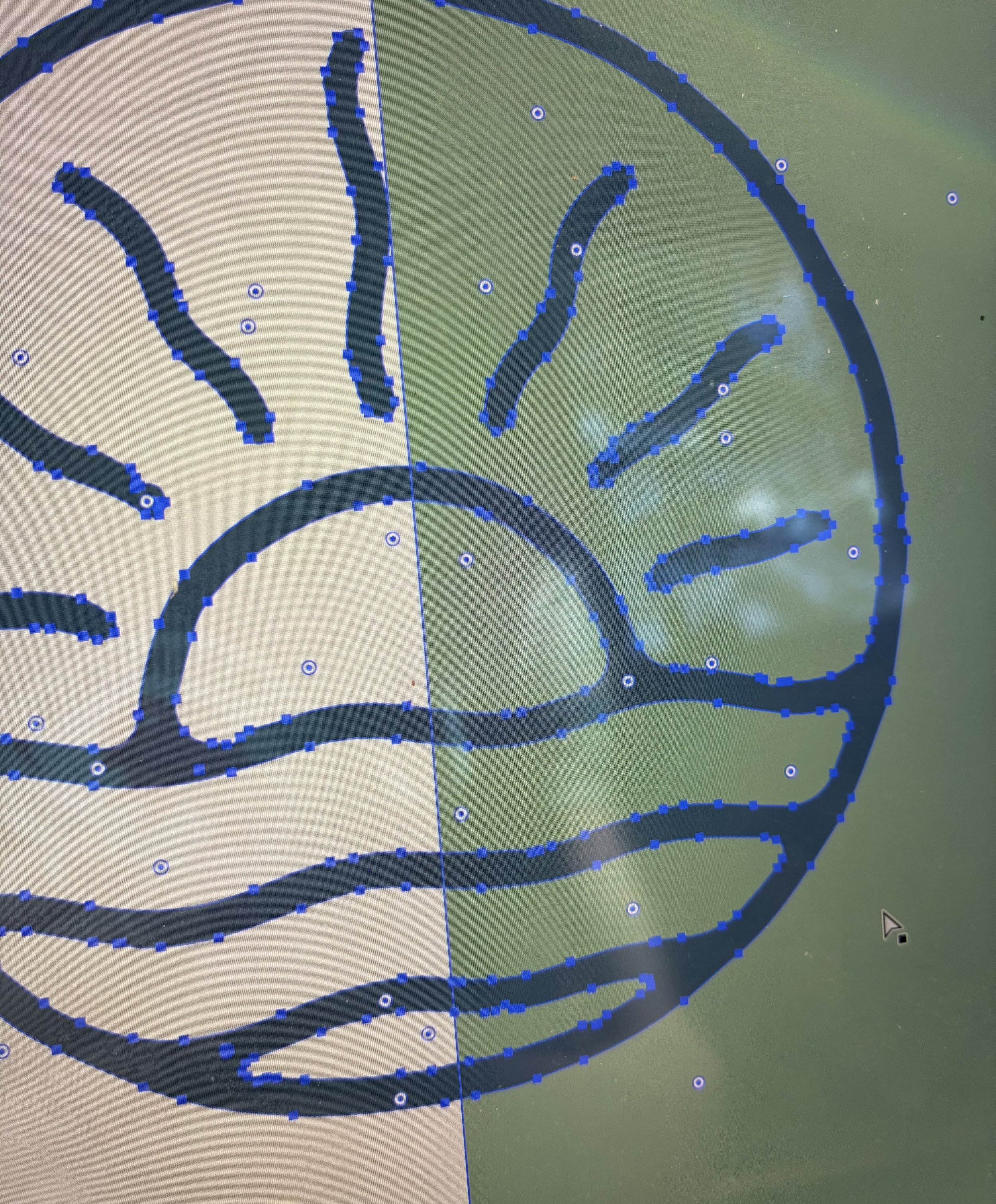 A computer screen showing a graphic of a stylized sunrise over waves, with one half in beige and the other in green. The outline and internal details are marked with black lines and blue nodes for editing in graphic design software.