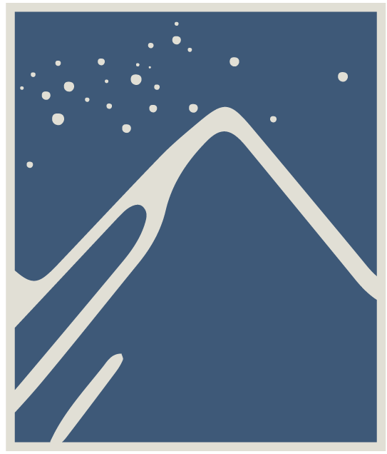 Stylized illustration of a mountain with snow or clouds on top, with falling snow or stars in the night sky.