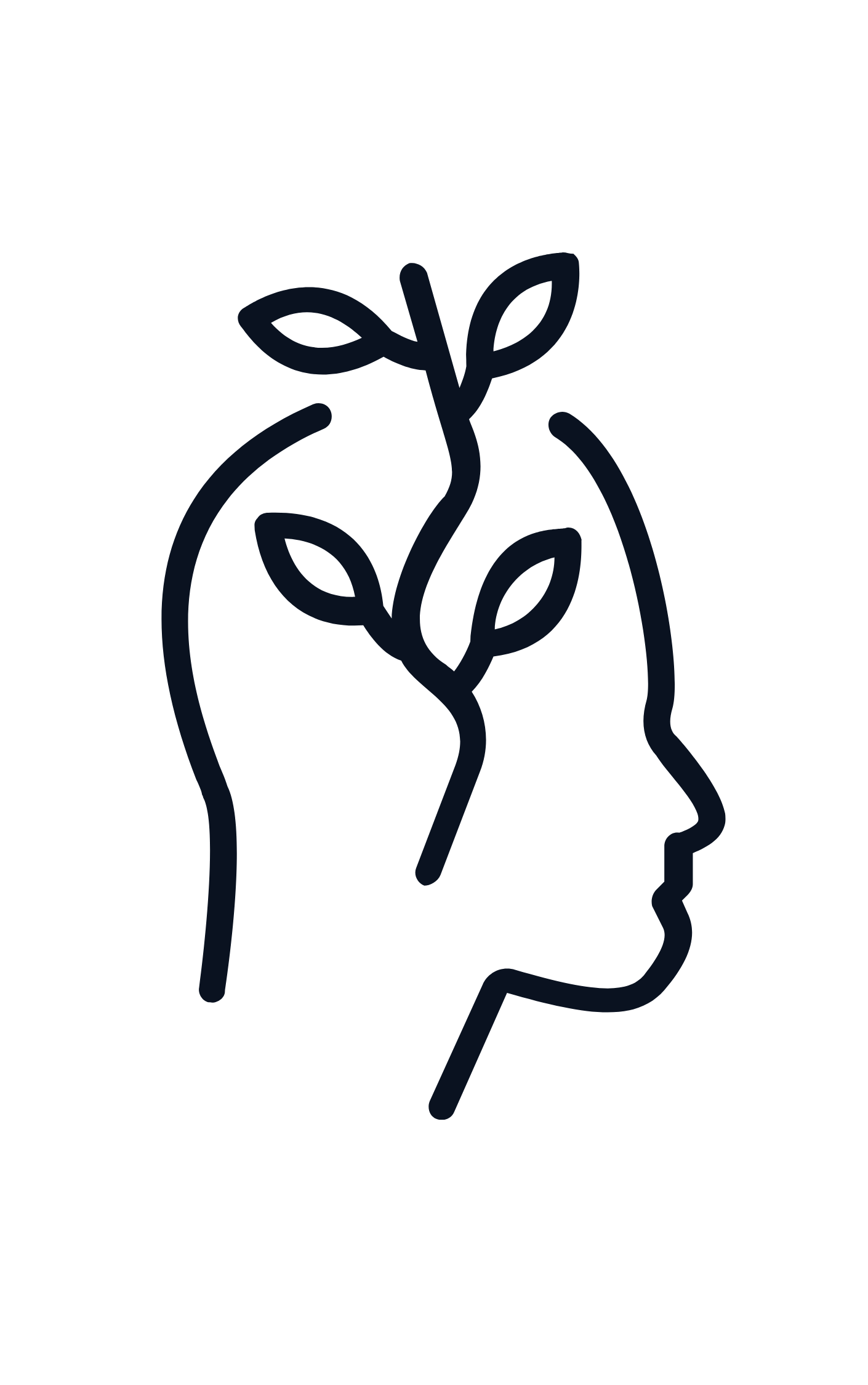 Line drawing of a human face in profile with a hand at the head, symbolizing thinking or reflection.