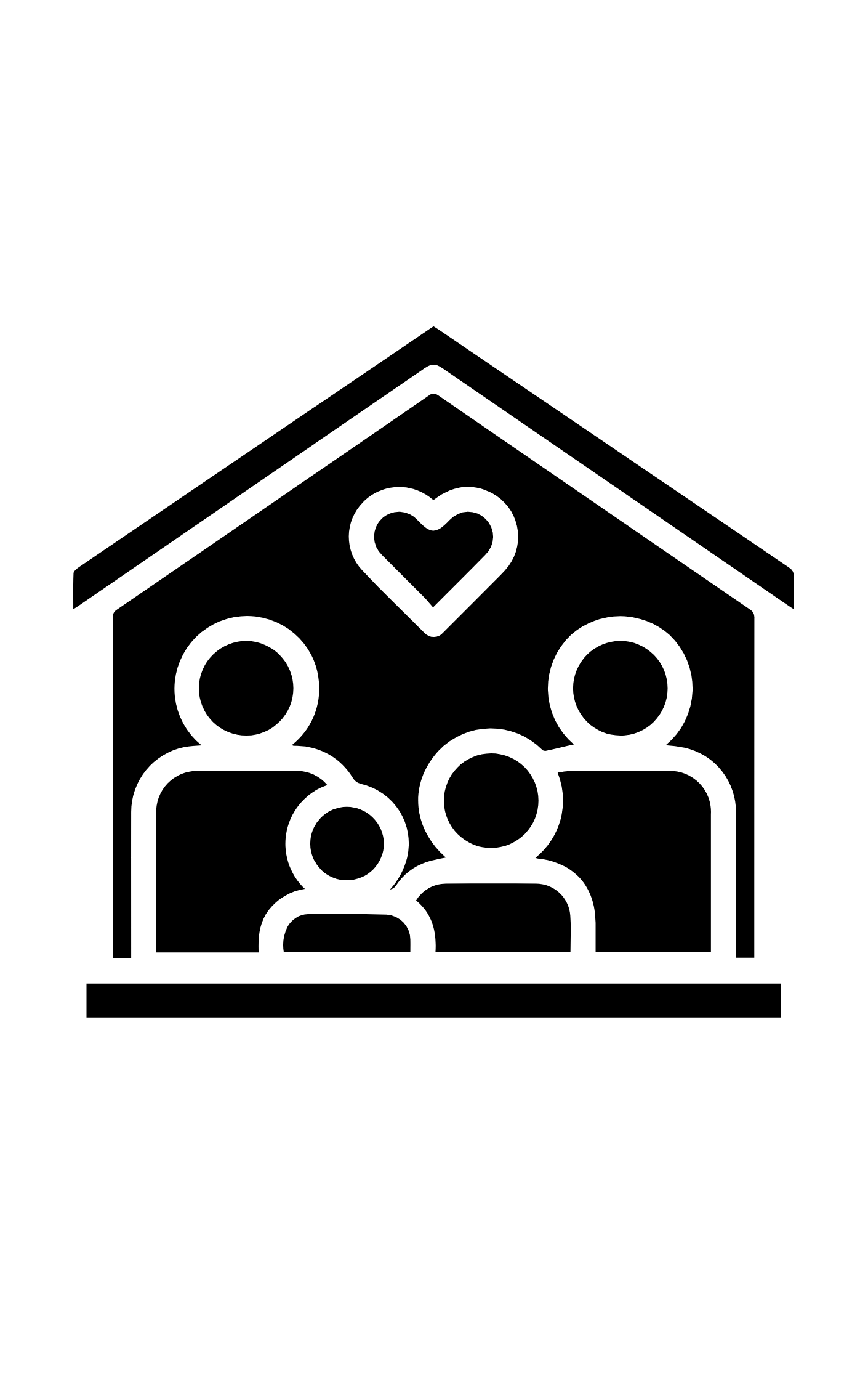 Silhouette of a doghouse with four human figures inside, with a heart shape above.