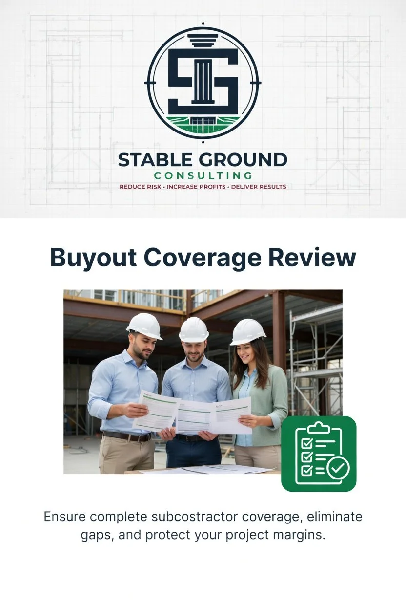 Cover page of a construction consulting document titled 'Buyout Coverage Review' by Stable Ground Consulting, showing three construction workers in hard hats reviewing plans at a construction site with scaffolding, and an icon of a clipboard with checkmarks.