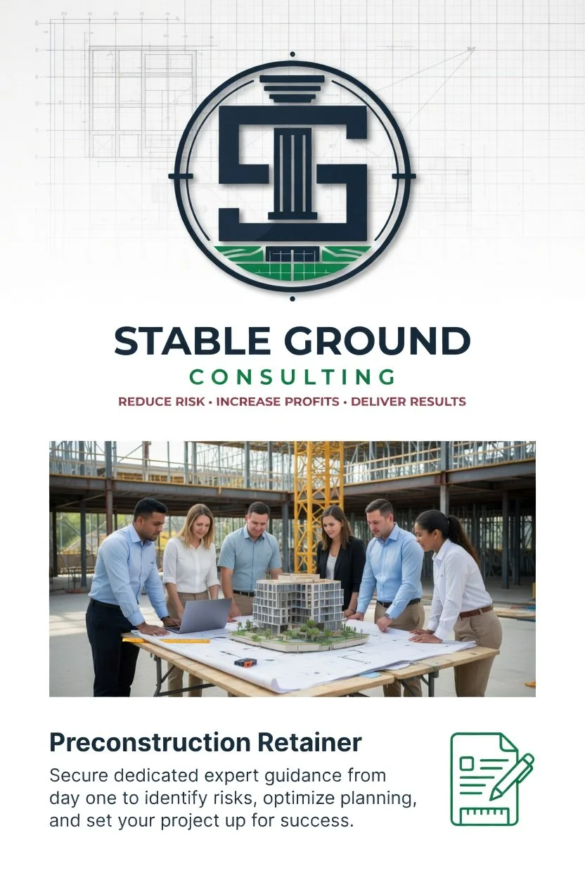 A logo for Stable Ground Consulting featuring a stylized building with a column and green fields, along with a photo of a group of construction professionals gathered around a scale model of a building on a construction site.