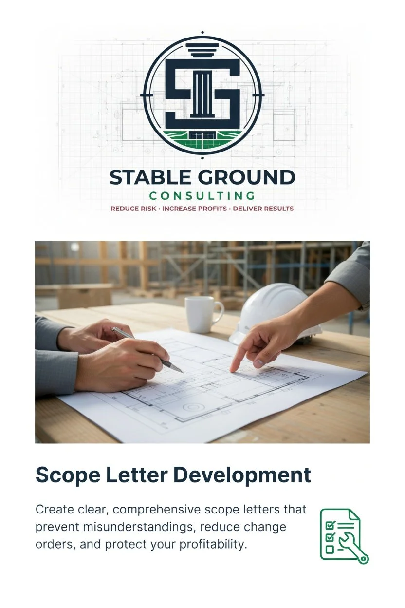 Logo for Stable Ground Consulting with the text 'Reduce Risk • Increase Profits • Deliver Results' and an image of two people reviewing construction plans at a table with a hard hat and a cup on it.