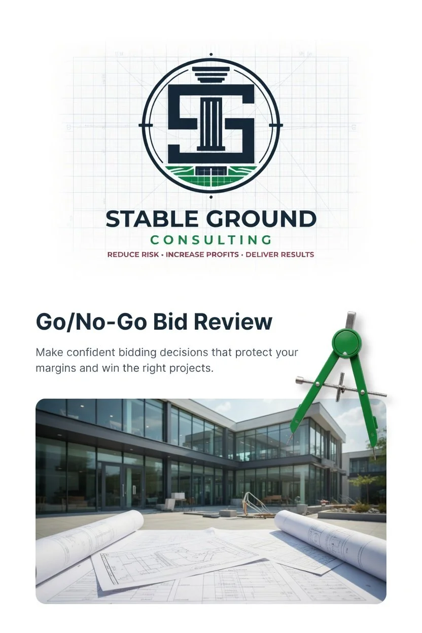 A promotional flyer for Stable Ground Consulting featuring a logo with a compass and architectural plans, a Drone Ground logo, and an image of a modern building with blueprints and a compass tool on a table.