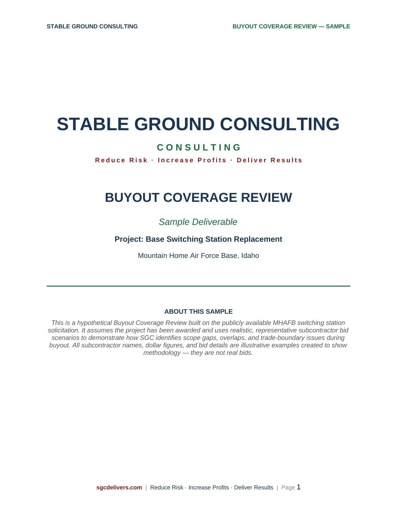 Cover page of a report titled "Stable Ground Consulting Buyout Coverage Review - Sample" with project details about base switching station replacement at Mountain Home Air Force Base, Idaho. Includes a disclaimer and footer with website and slogan.