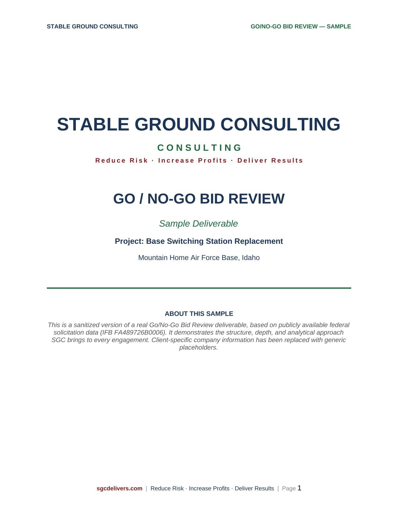 Sample cover page of a report titled "Stable Ground Consulting," related to go/no-go bid review for a project to replace a base switching station at Mountain Home Air Force Base, Idaho, with introductory text and a footer.