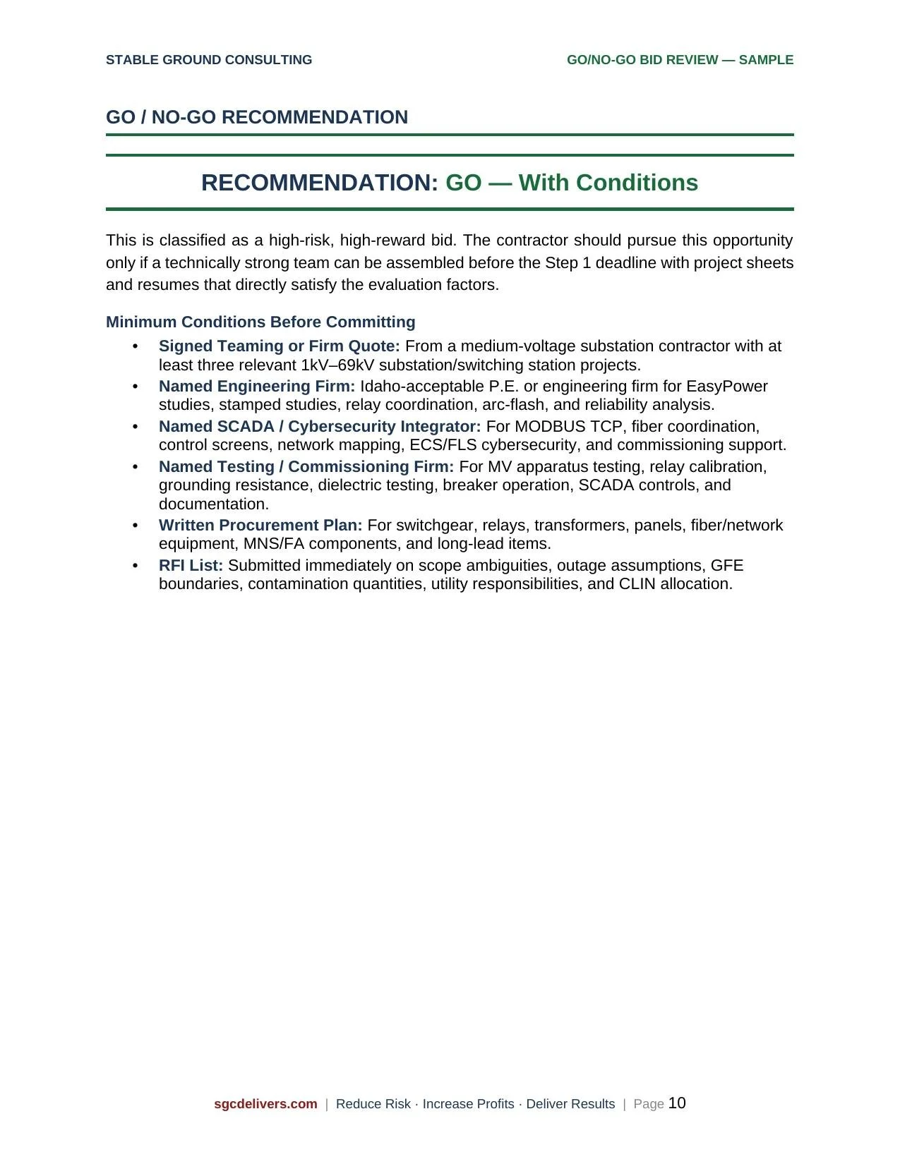 Sample bid review document from Stable Ground Consulting showing a Go/No-Go recommendation with conditions and minimum requirements for project approval, including signatures, engineering firm, cybersecurity, testing, procurement, and RFI list.