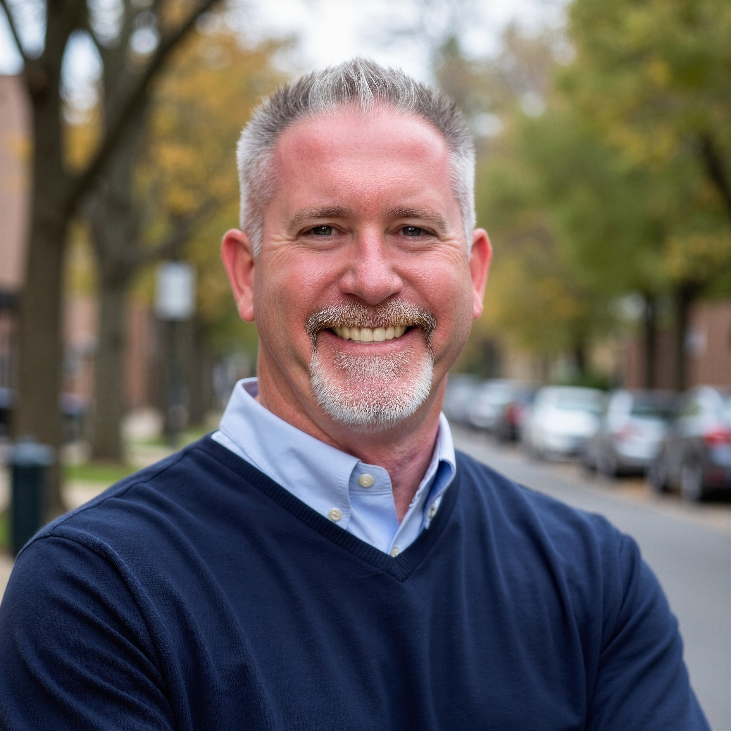 Close-up of a smiling middle-aged man with gray hair and beard, wearing a navy blue sweater over a light blue collared shirt, outdoors with blurred trees and cars in the background.