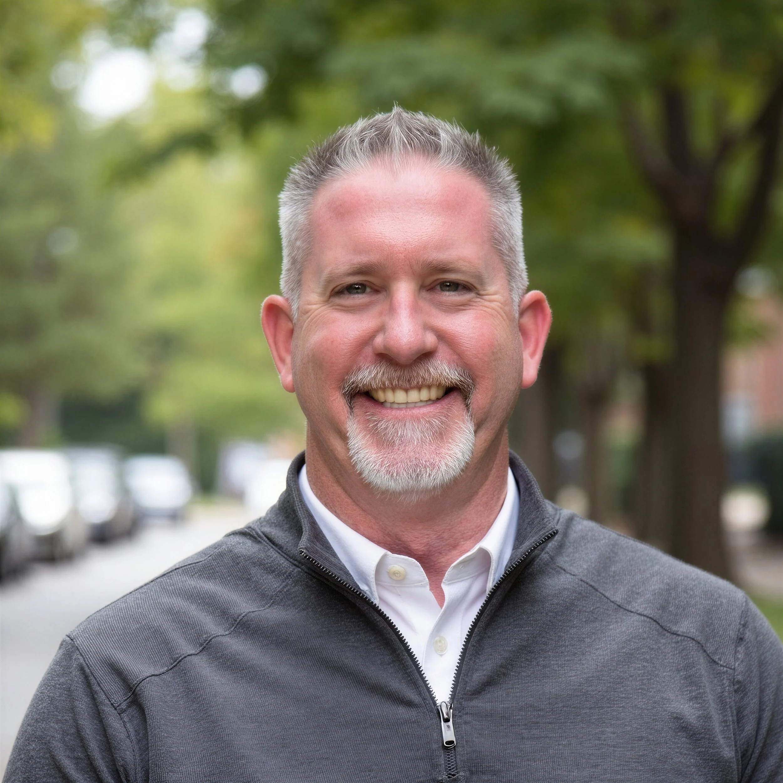 Close-up of a smiling middle-aged man with gray hair, a beard, and mustache, wearing a gray zip-up sweater and a white collared shirt, standing outdoors with blurred green foliage in the background.