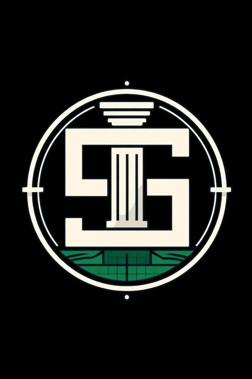 Futuristic emblem or logo featuring a stylized design with a central column, geometric shapes, and a green patterned base against a black background.