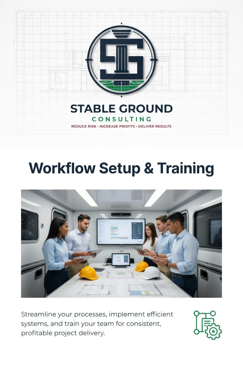 Cover page of a training material titled "Workflow Setup & Training" by Stable Ground Consulting, featuring a group of five professionals in a high-tech conference room discussing project plans, with construction helmets on the table.