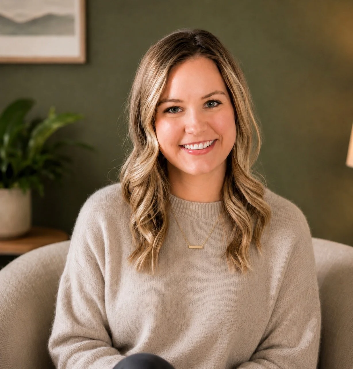 A woman with wavy blonde hair and a beige sweater smiling while sitting on a beige chair in a room with a green wall, a potted plant, and framed artwork in the background.