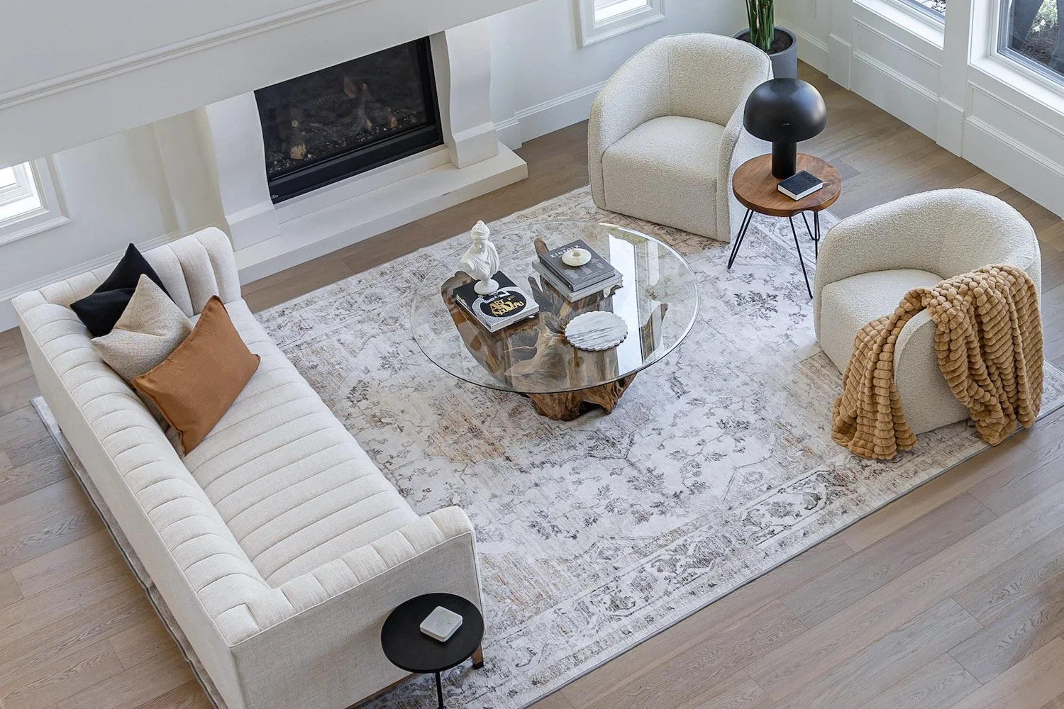 Modern staged living room in a Burnaby luxury home with a clean and cohesive design