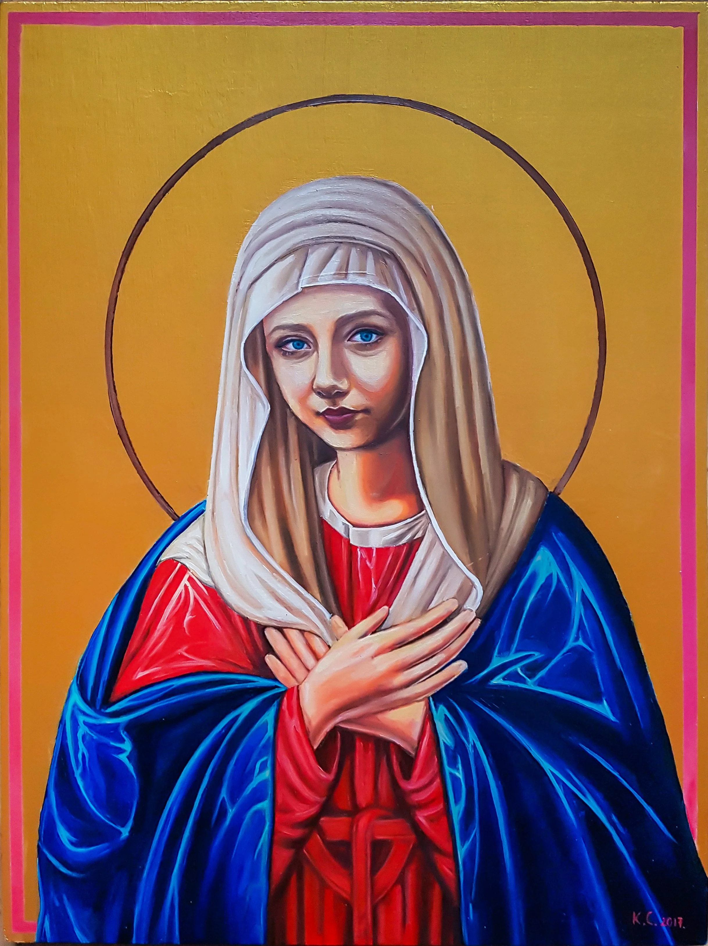 Oil painting inspired by Marian icons on a wood panel