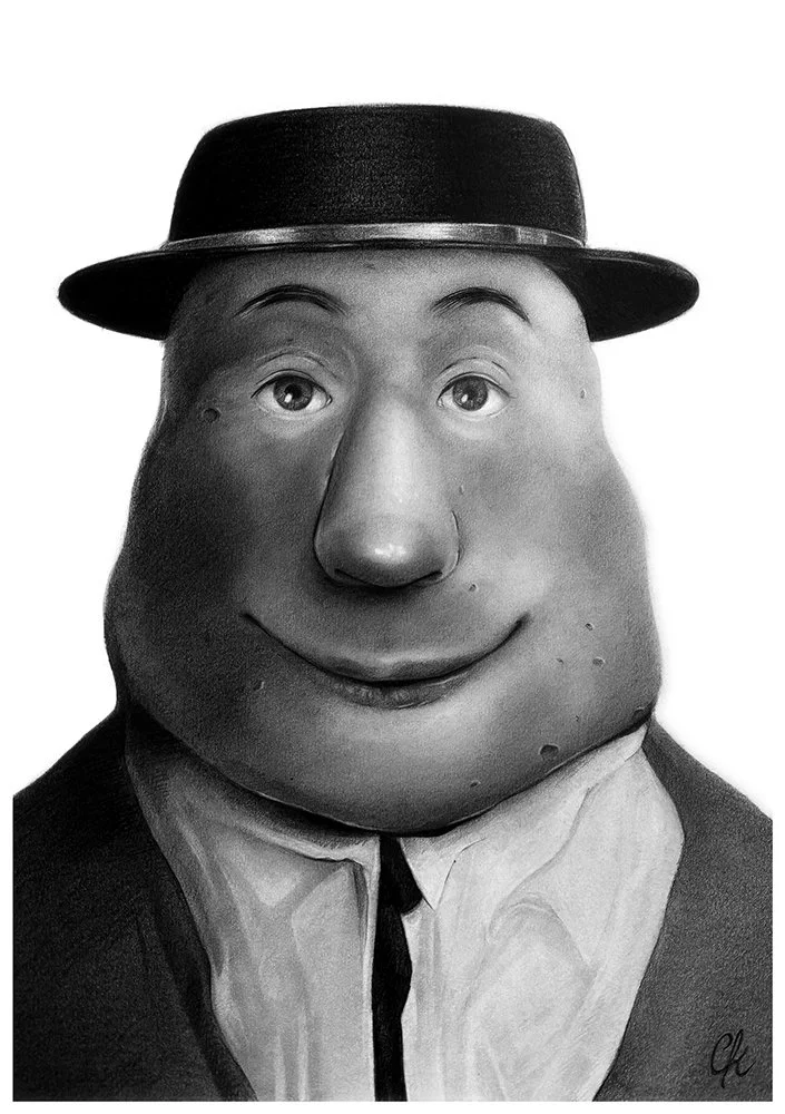 Pencil portrait of realistic looking Tayto Man A3