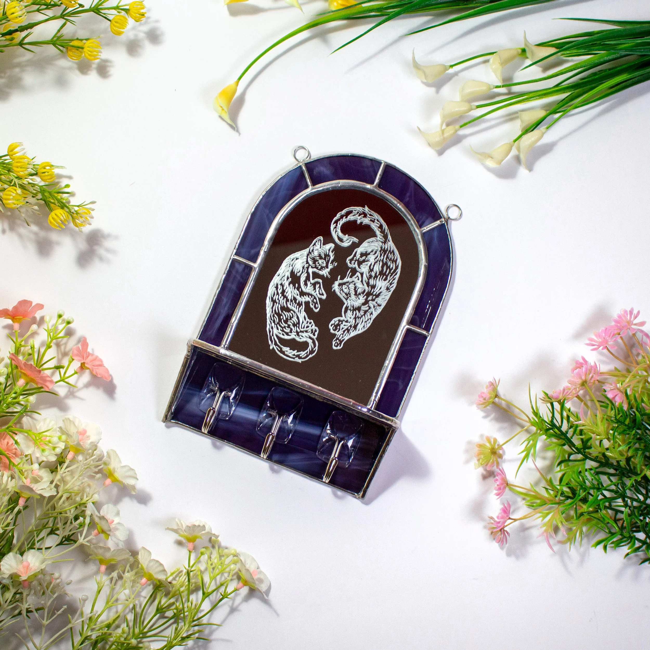 Stained Glass Mirror Shelf with Hooks – Engraved Cat Design