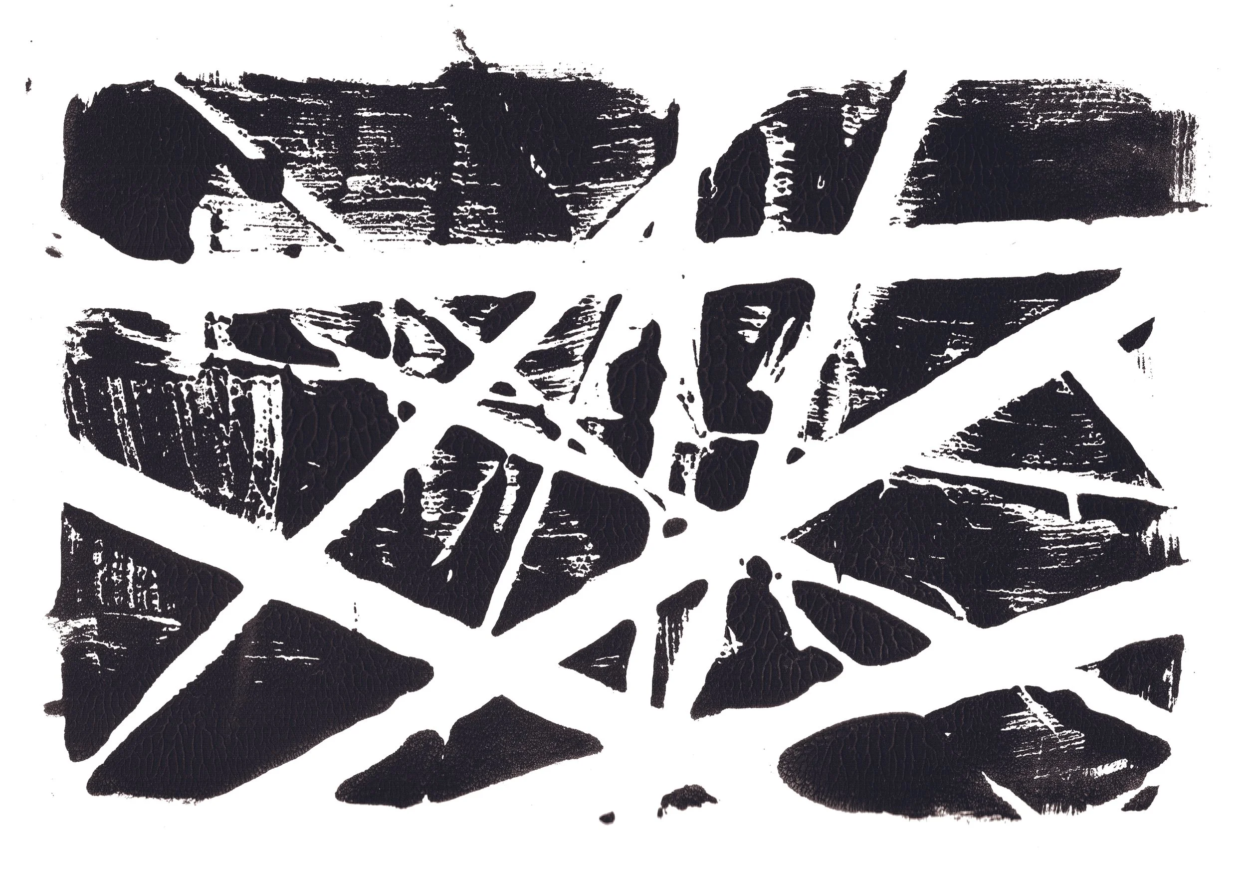 Lino cut print of a black and white abstract pattern with irregular lines and shapes, resembling a cracked or broken surface 100x70cm