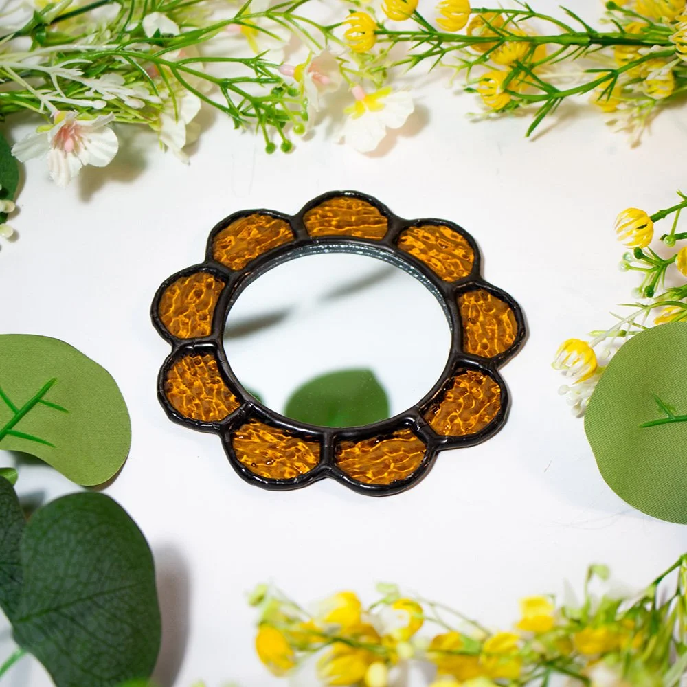 Pocket Mirror Flower Golden Brown