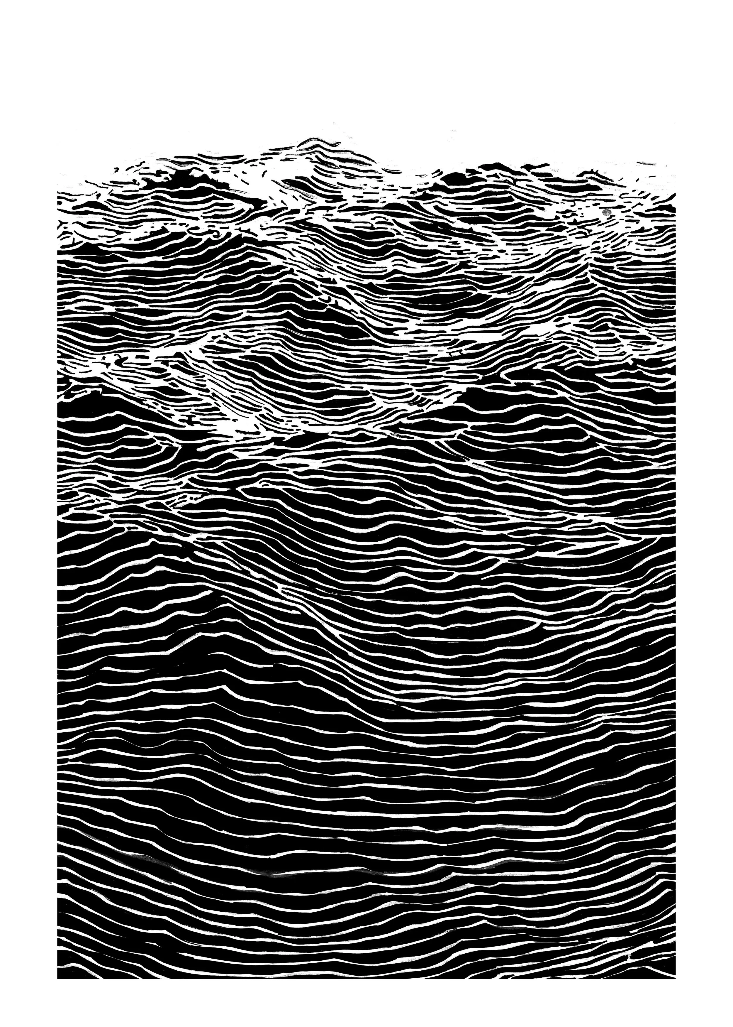 Lino cut print of a black and white abstract pattern resembling flowing water or waves 100x70cm