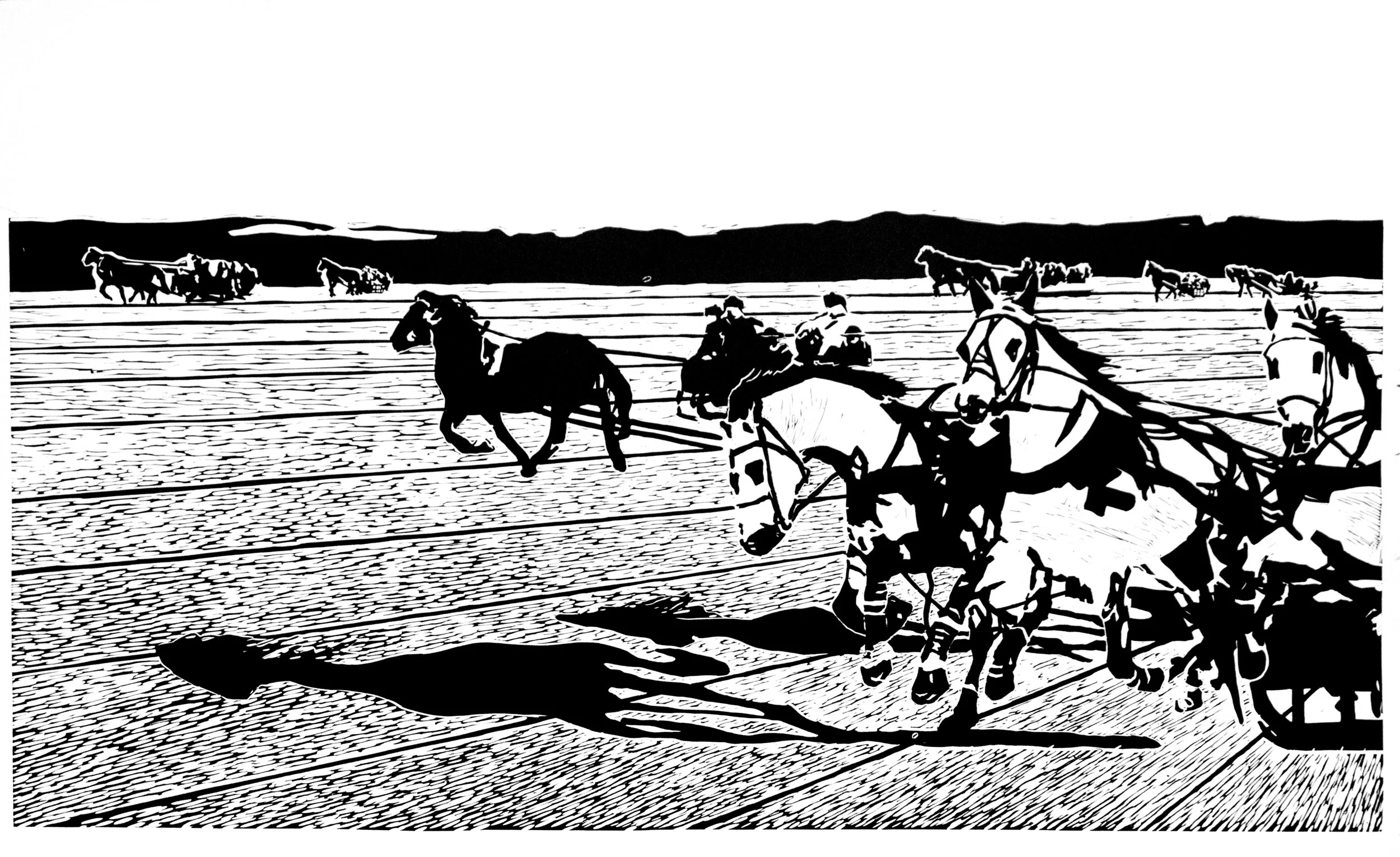 Lino cut print of a silhouette of a horse-drawn plow tiling a field with farmers guiding the horses, across a rural landscape with a distant mountain range 100x50cm