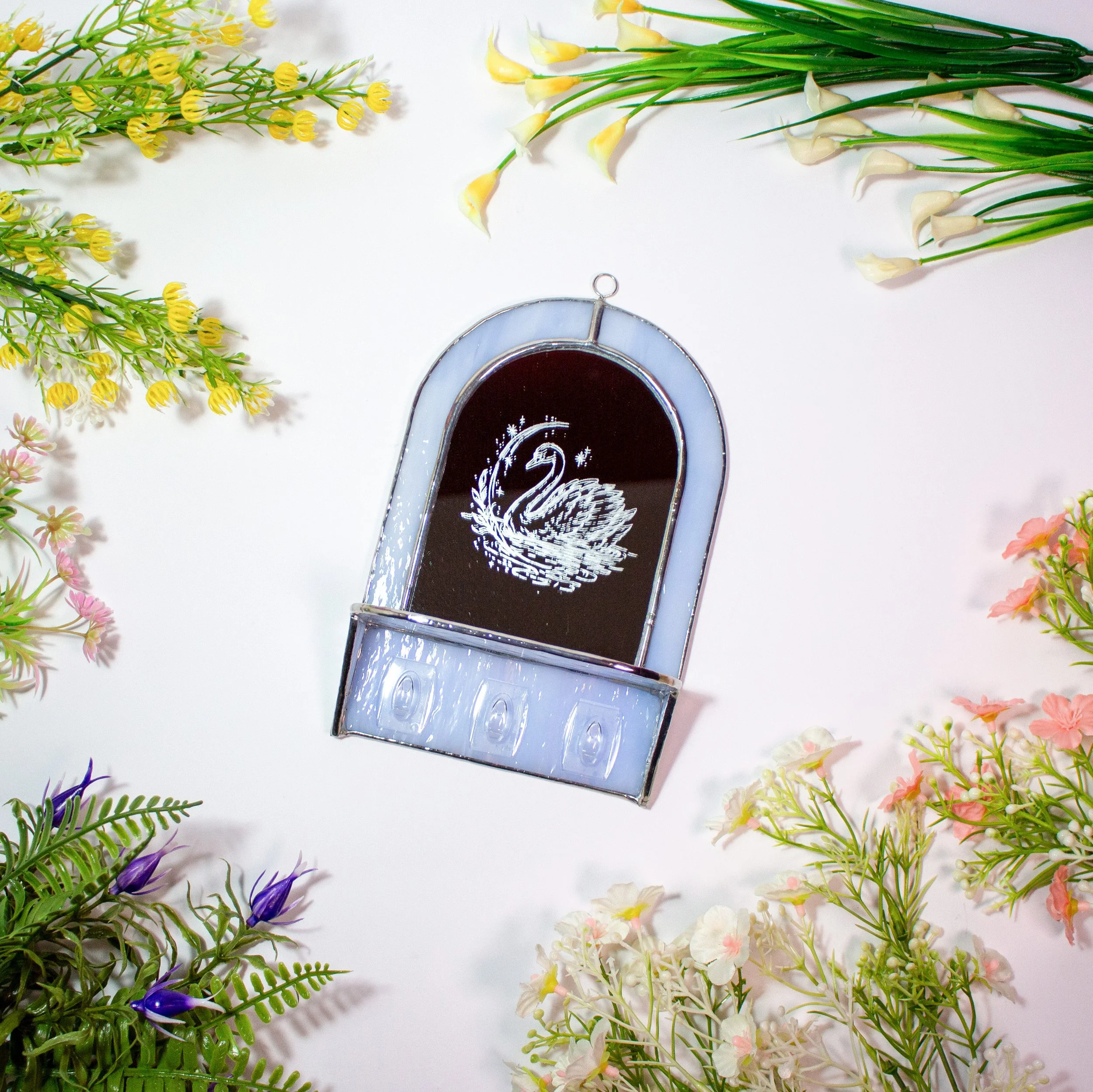 Stained Glass Mirror Shelf with Hooks – Engraved Swan Design
