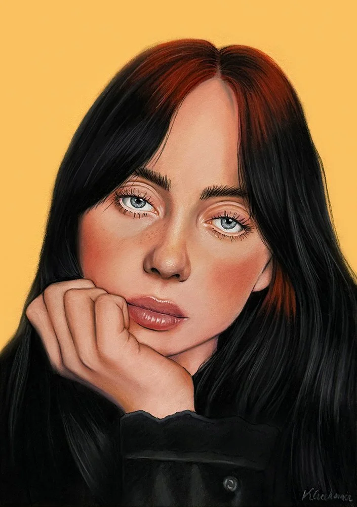 Soft pencil portrait of Billie Eilish on yellow background 30x40cm
