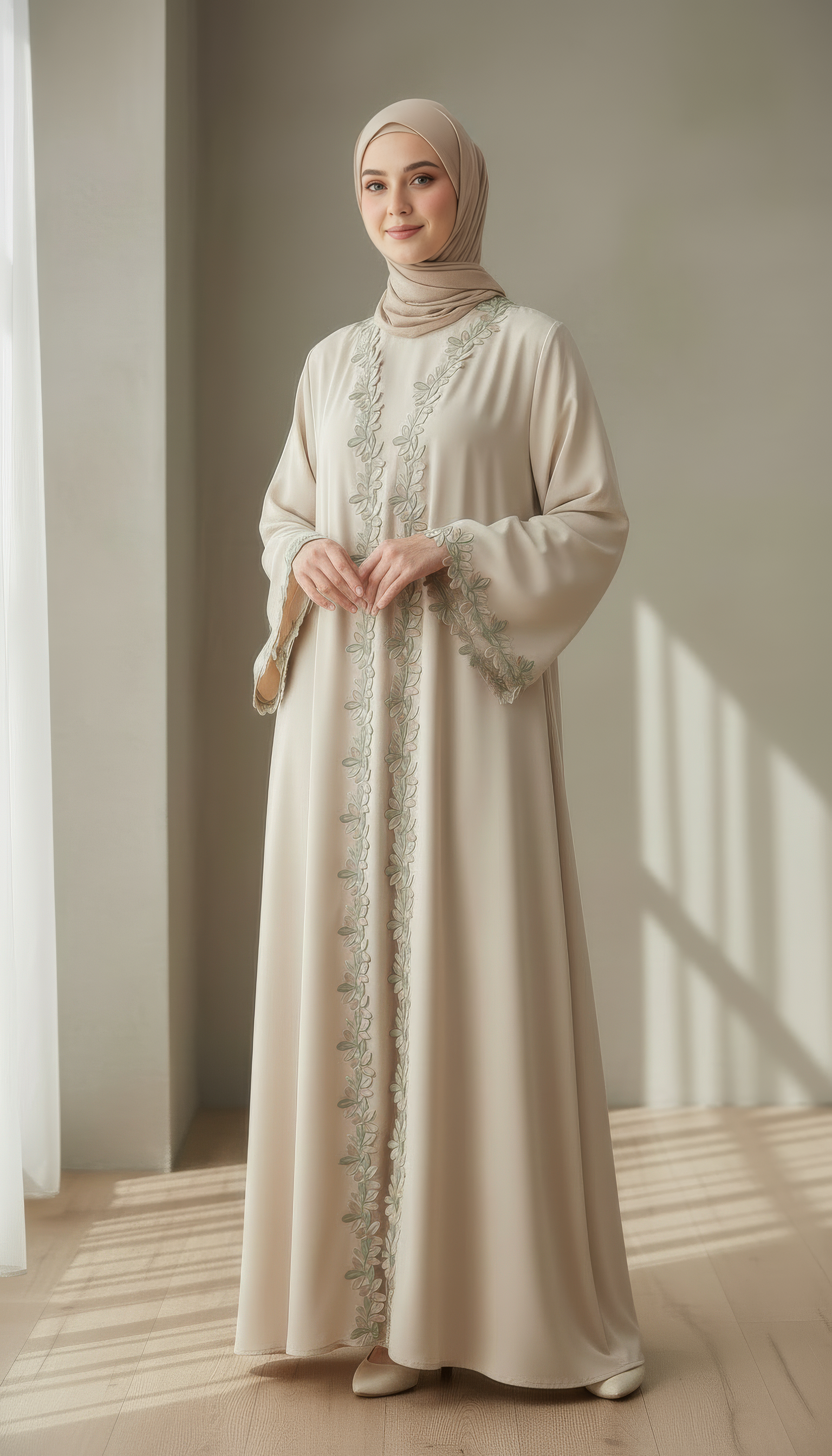 Embroidered Leaf-Trim Open Robe Abaya (Beige)