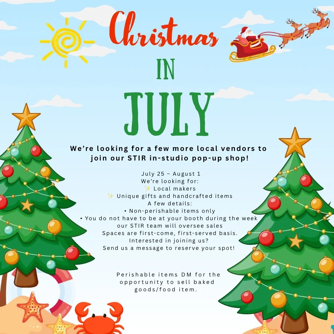 &hearts;️🎄✨ Christmas in July Vendor Market Calling Local Vendors! ✨🎄&hearts;️
We&rsquo;re looking for local makers, small businesses, and creatives to join us for a fun week of shopping and community at STIR!
Spaces are limited and will be reserve