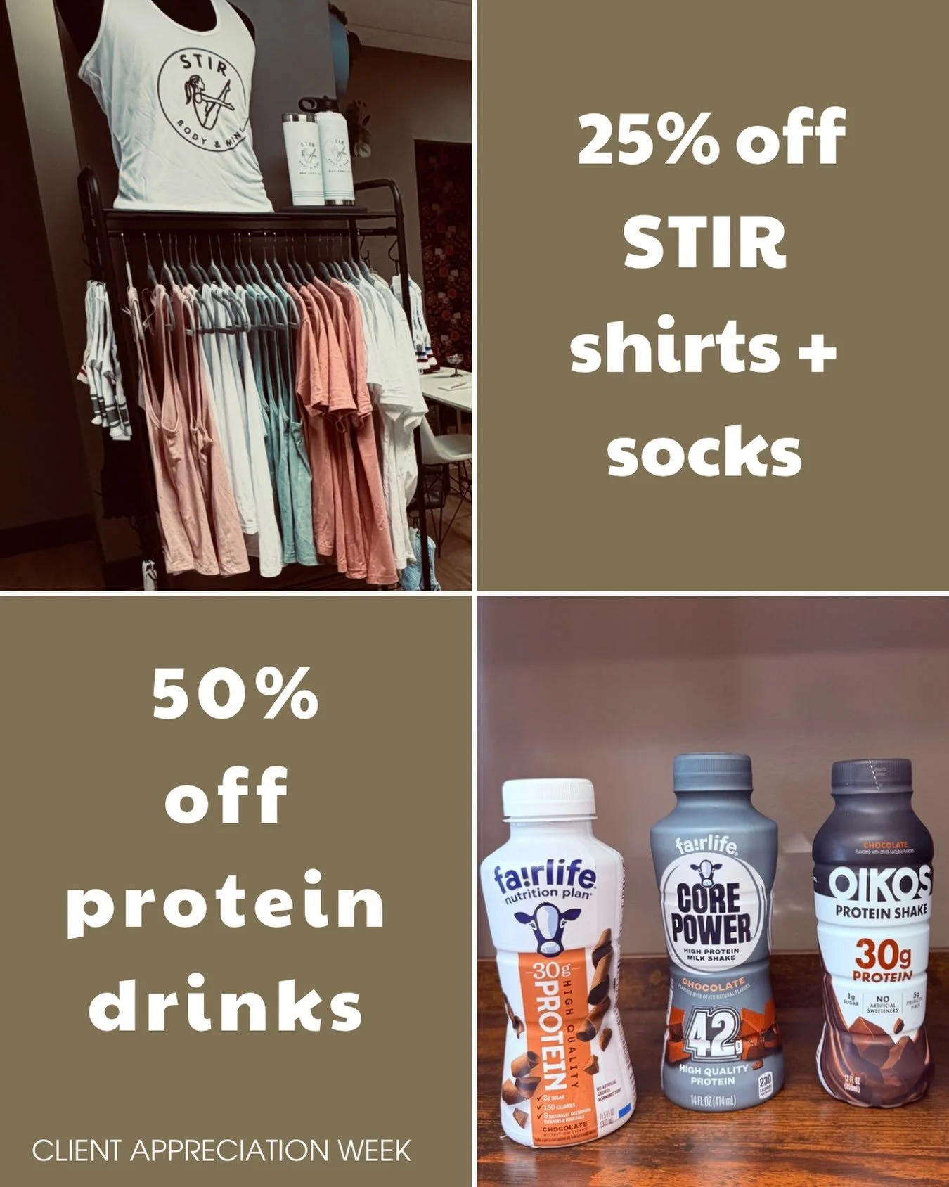 CLIENT APPRECIATION WEEK + ALL WEEK LONG! 🤍
This is just one way of saying THANK YOU! 
Enjoy discounts on merch + protein drinks all week long! And if you already receive a discount through your membership&hellip; you get BOTH! 
Power up, stock up, 