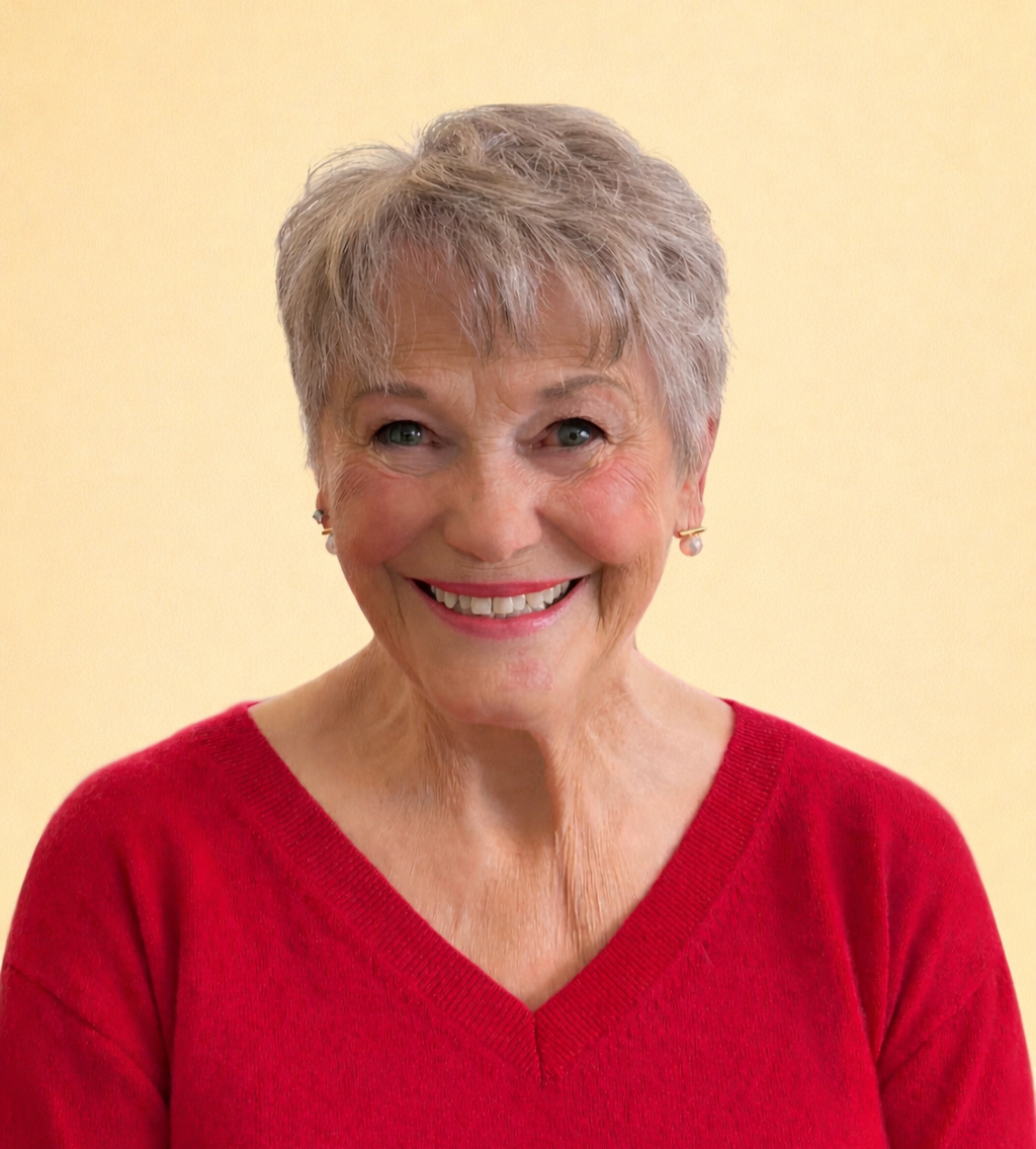 An elderly woman with short gray hair, smiling, wearing a red V-neck sweater and pearl earrings, standing against a plain beige background.