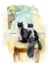 Two black and white cats sitting on a wooden surface outdoors