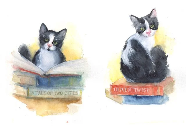 Watercolor illustration of two black and white cats. The left cat is sitting on an open book titled 'A Tale of Two Cities,' and the right cat is sitting on a closed book titled 'Oliver Twist.'