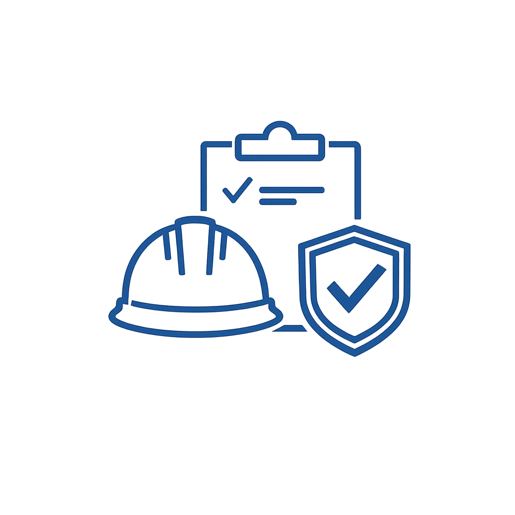 Safety helmet, clipboard with check mark, and shield with check mark, symbolizing safety and security.