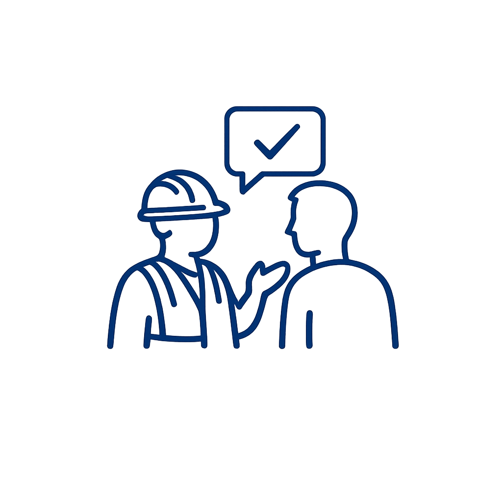 RTMC Consulting Services icon showing a construction worker speaking with a client, symbolizing guidance, coaching, and practical on‑site support.