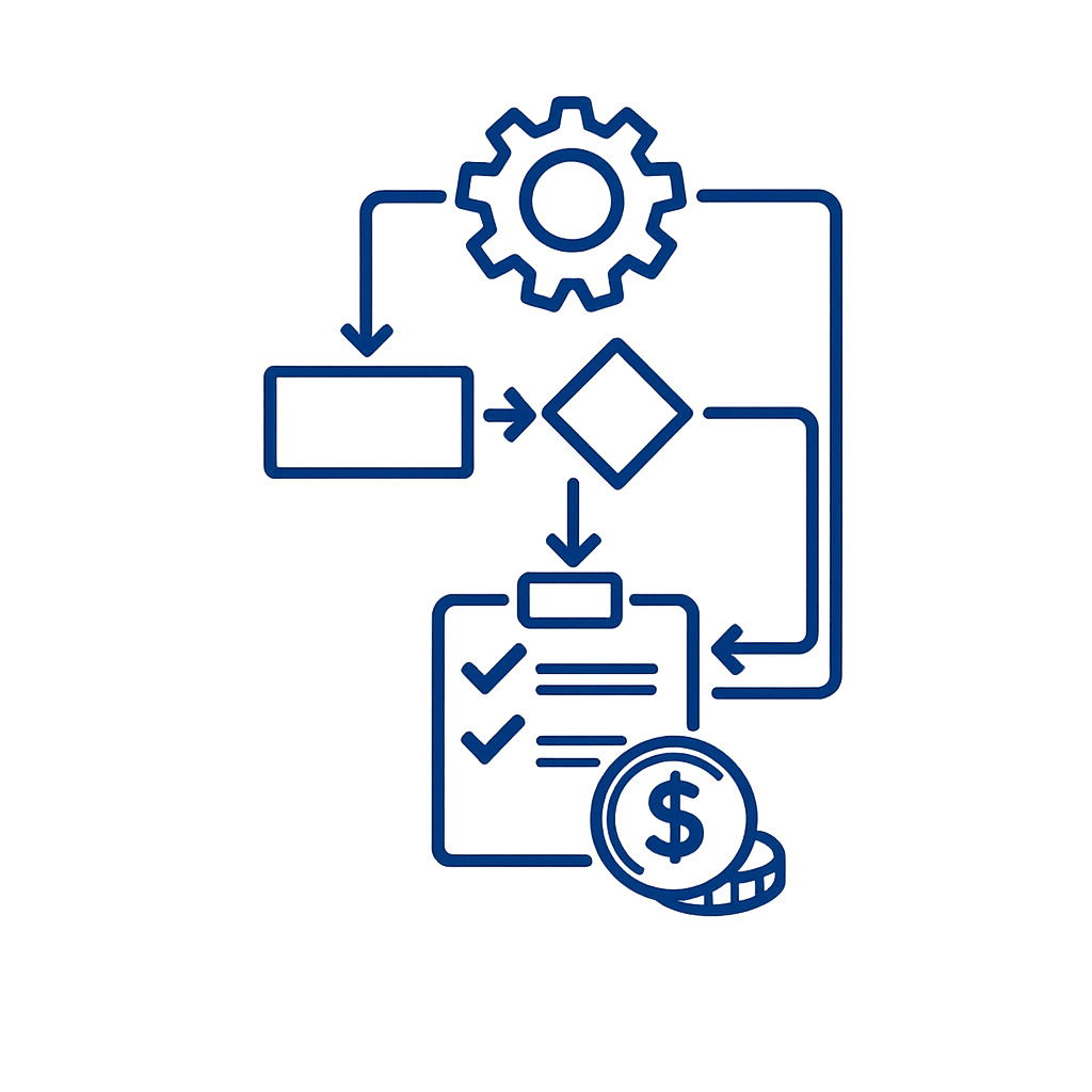 Flowchart diagram illustrating process steps with a gear, arrows, checkmarks, a dollar sign, and various shapes.