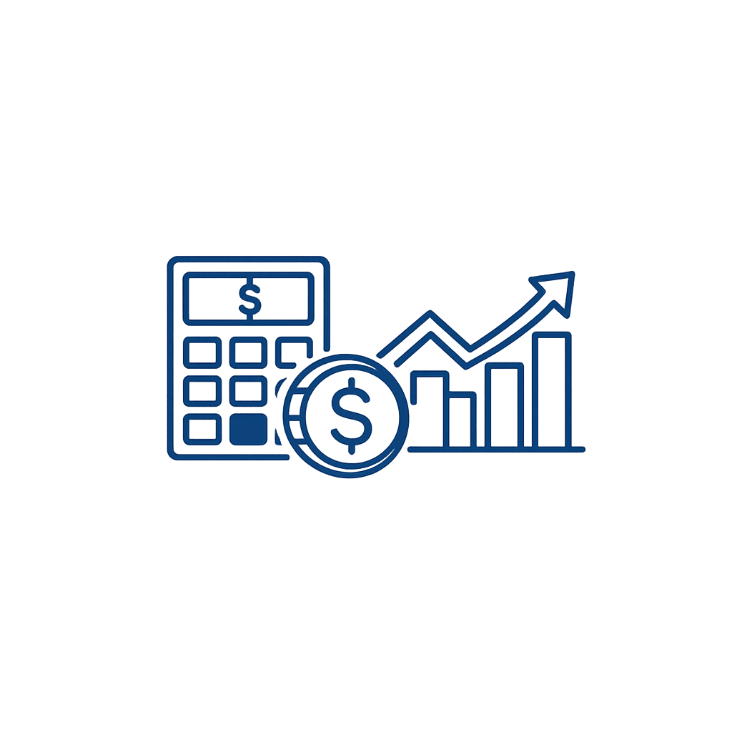 RTMC Finance Services icon featuring a rising line graph, calculator, coin, and upward arrow symbolizing financial analysis and business performance improvement.