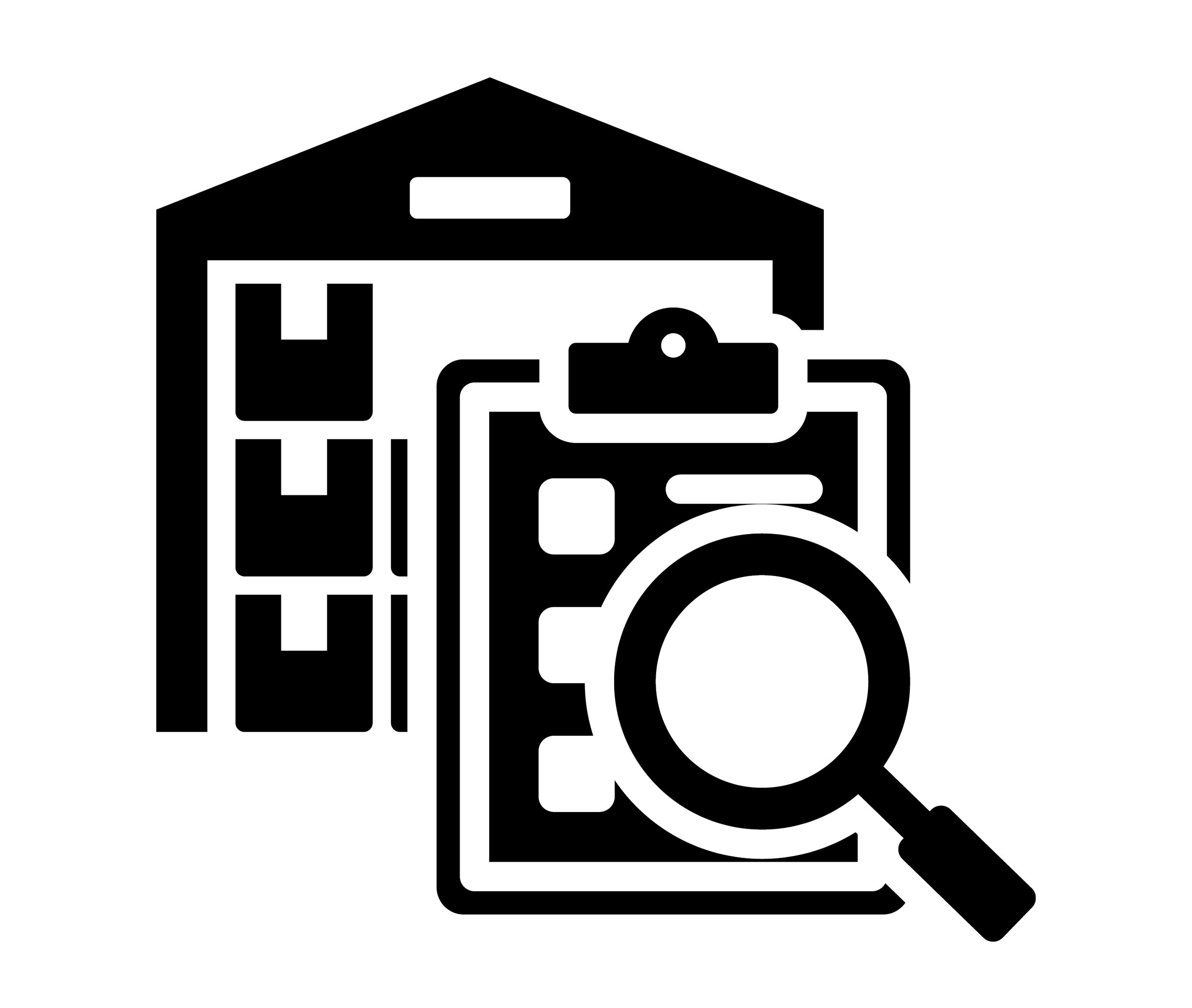 Icon of magnifying glass examining clipboard in front of warehouse symbolizing reduced errors.